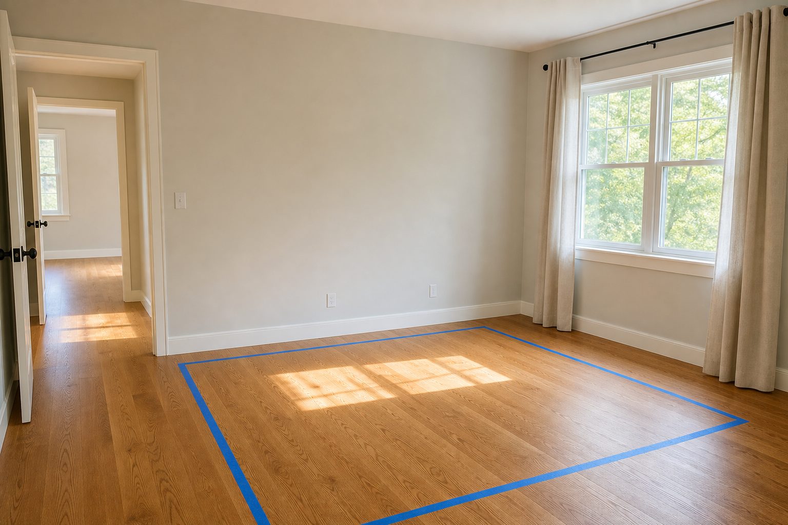 Bedroom floor marked with painter's tape to show a furniture footprint