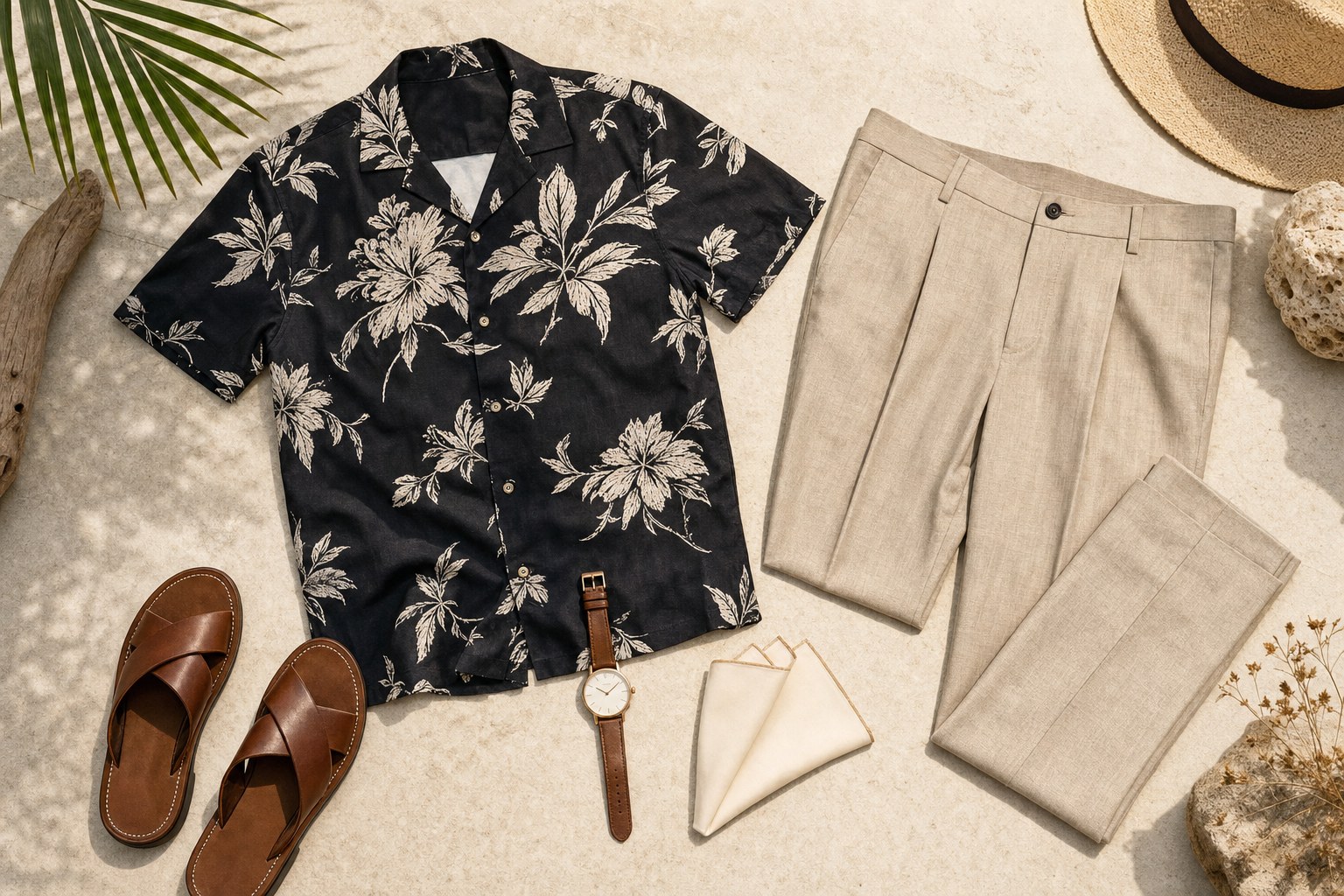 Flat lay of a beach wedding guest outfit with a patterned shirt, tailored trousers, sandals, and a watch