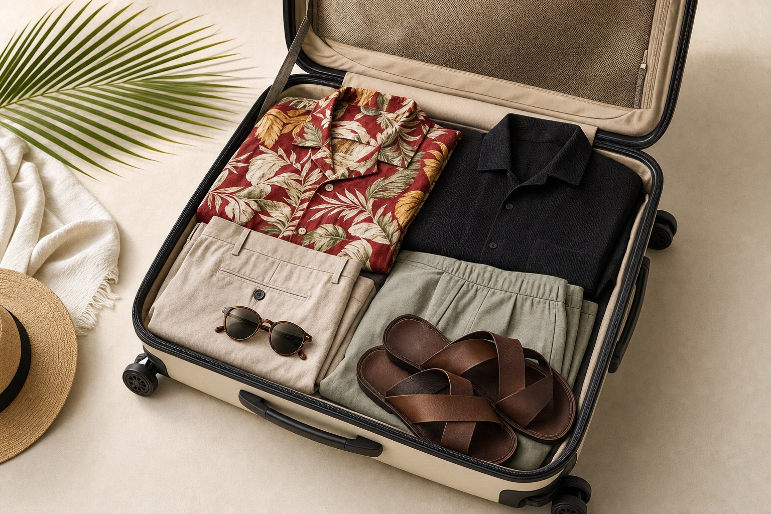 Open suitcase packed with patterned shirts, tailored shorts, lightweight trousers, sandals, and sunglasses for a warm-weather cruise