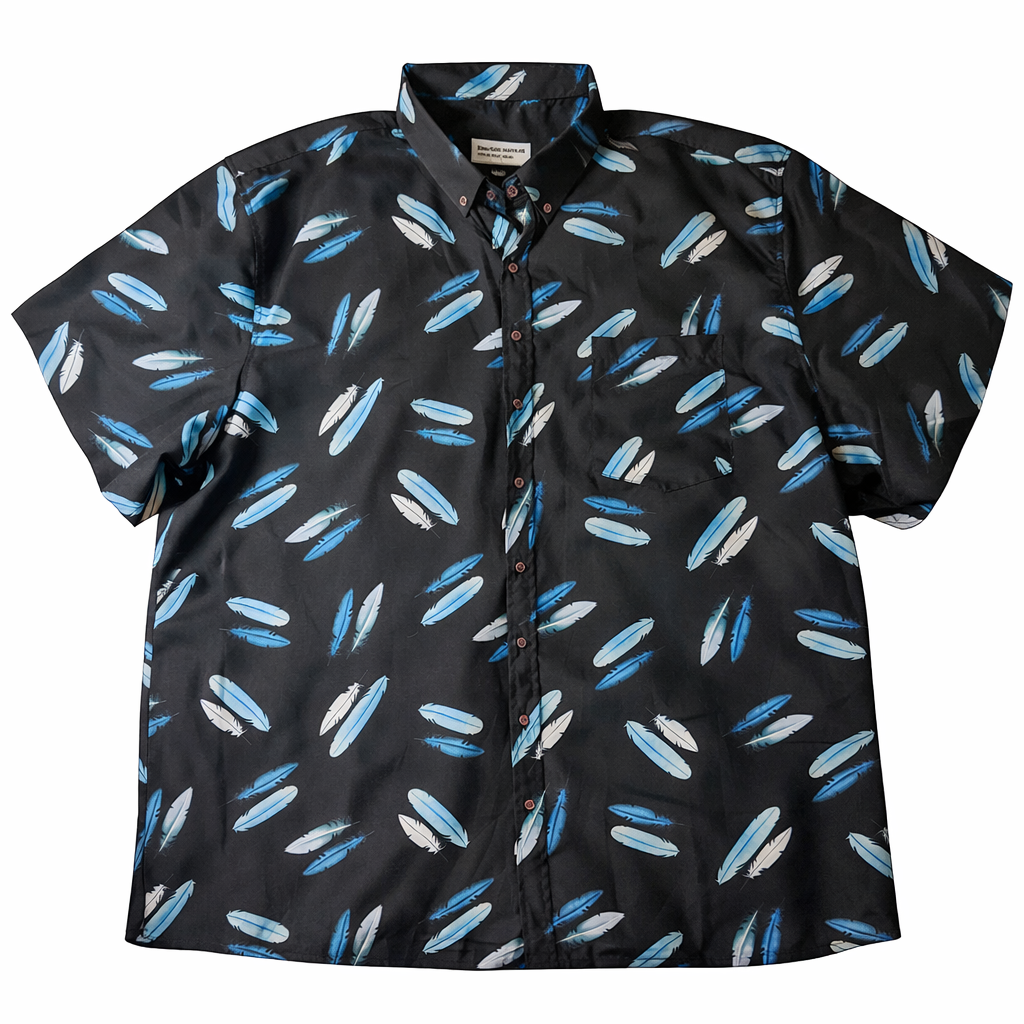 Chiang Mai black feather print resort shirt by Thai Club Island Wear