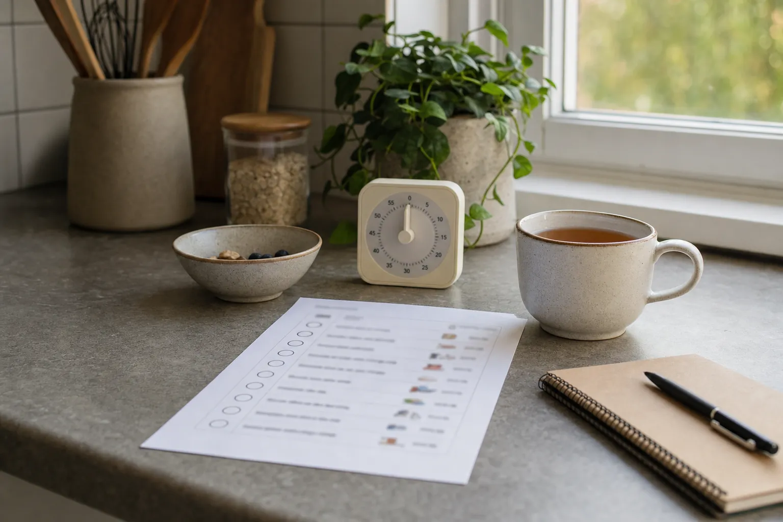 Timer, tea, notebook, and blurred daily checklist on a kitchen counter