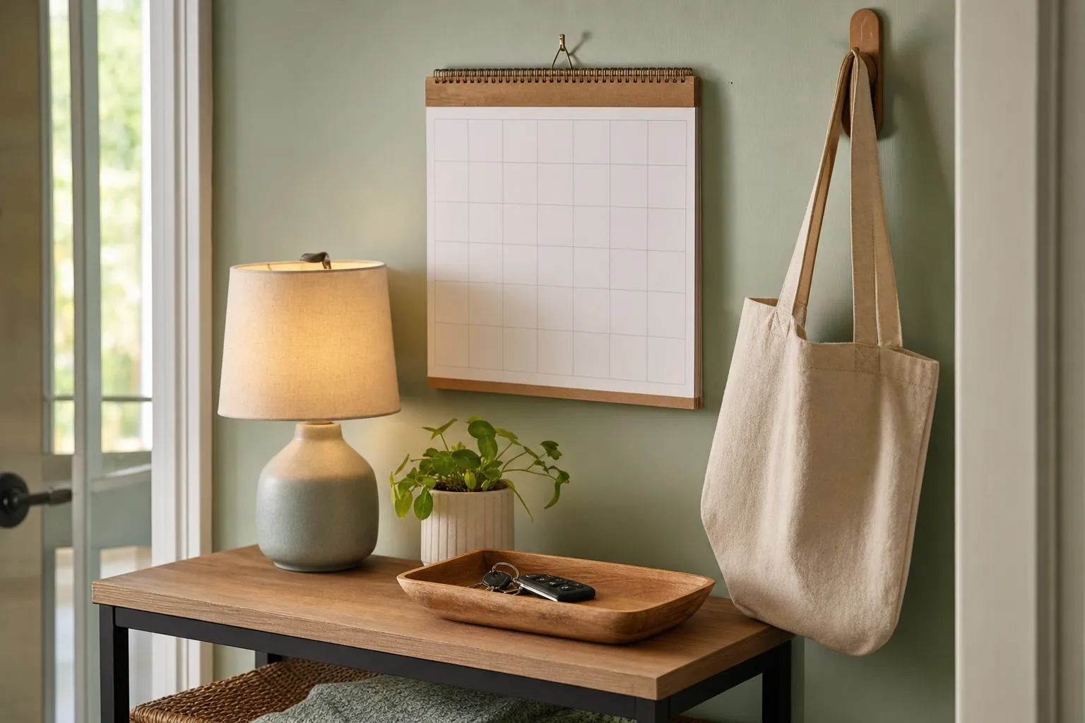 Home entryway with a calendar, key tray, lamp, and tote bag