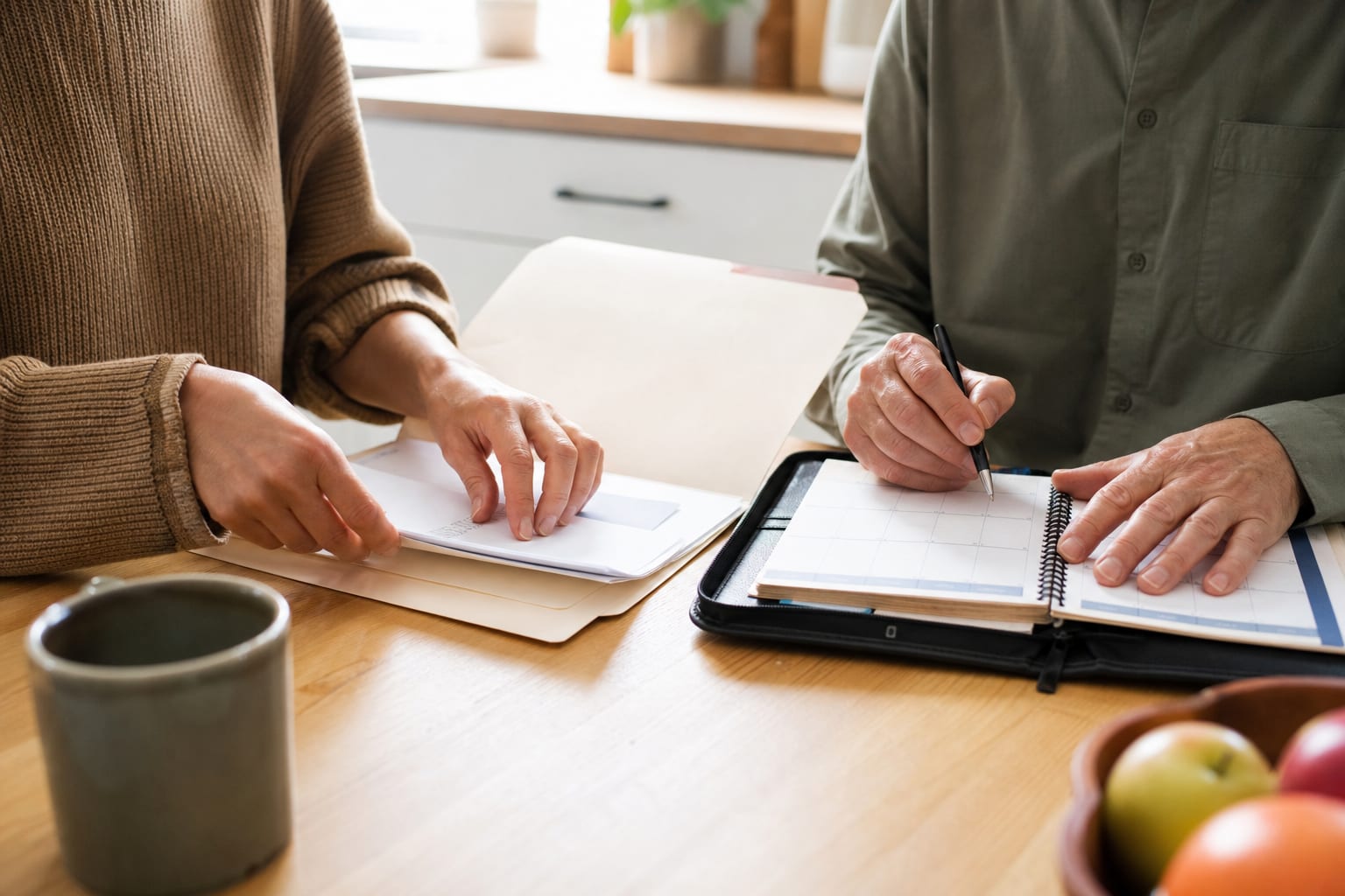 Two adults organizing a planner and a folder together at a kitchen table
