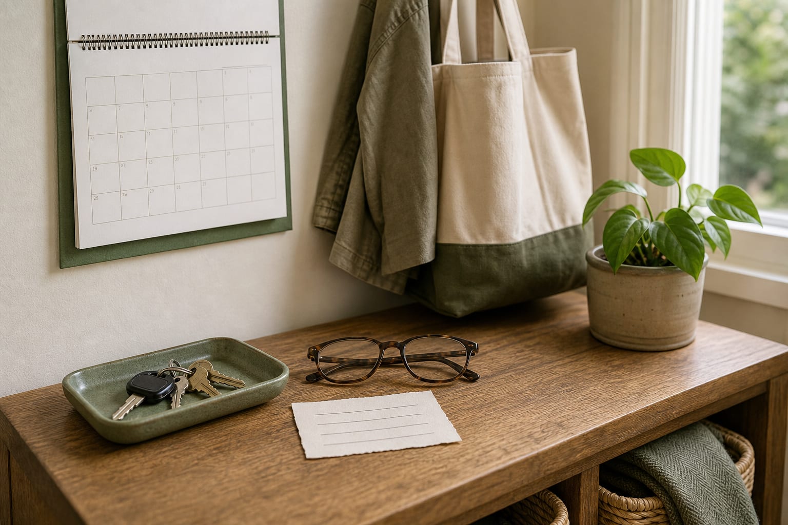 Home entryway with a calendar, key tray, glasses, and tote bag