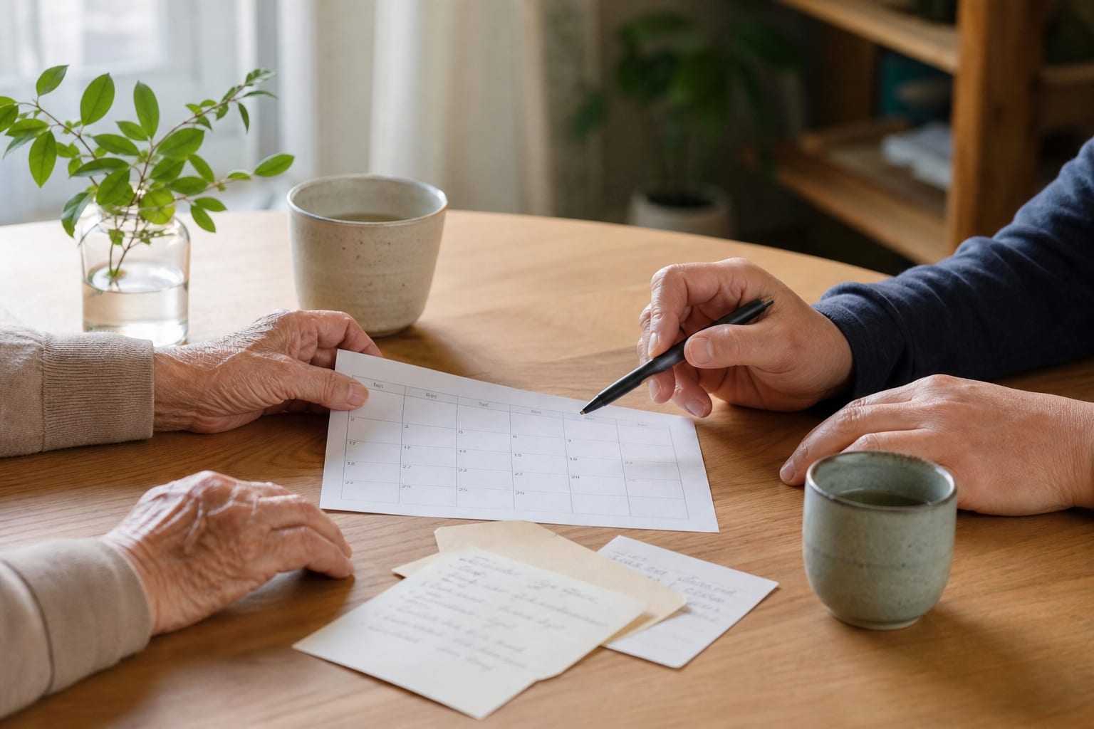Two adults reviewing a paper calendar together at a sunlit table