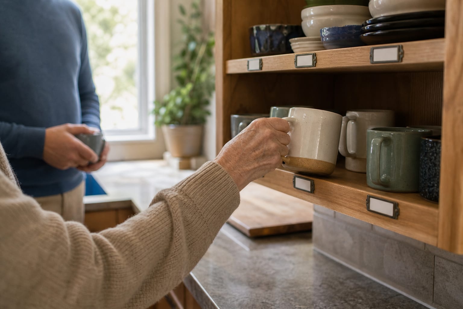 Older adult choosing a mug from an open kitchen shelf while another adult stands nearby