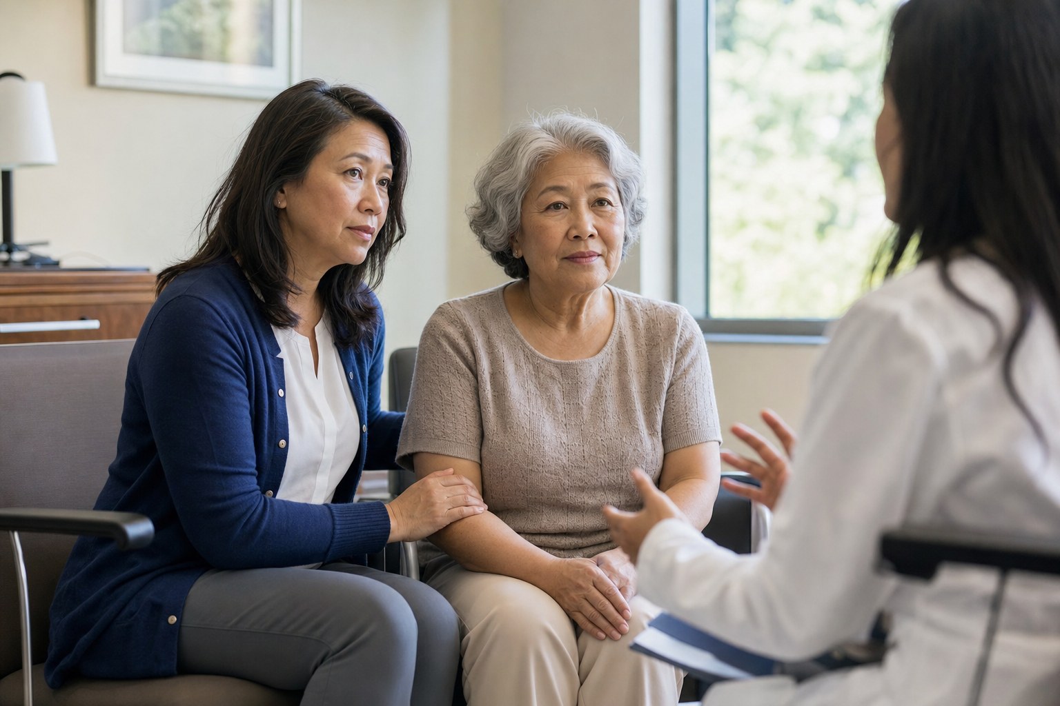Older adult and care partner listening during a healthcare conversation