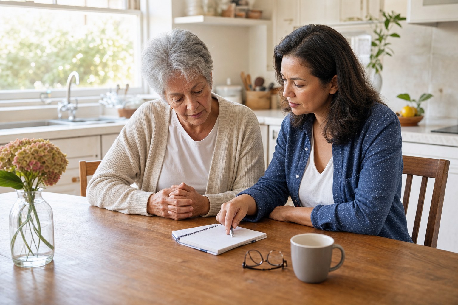 Older adult and care partner reviewing notes together at a kitchen table