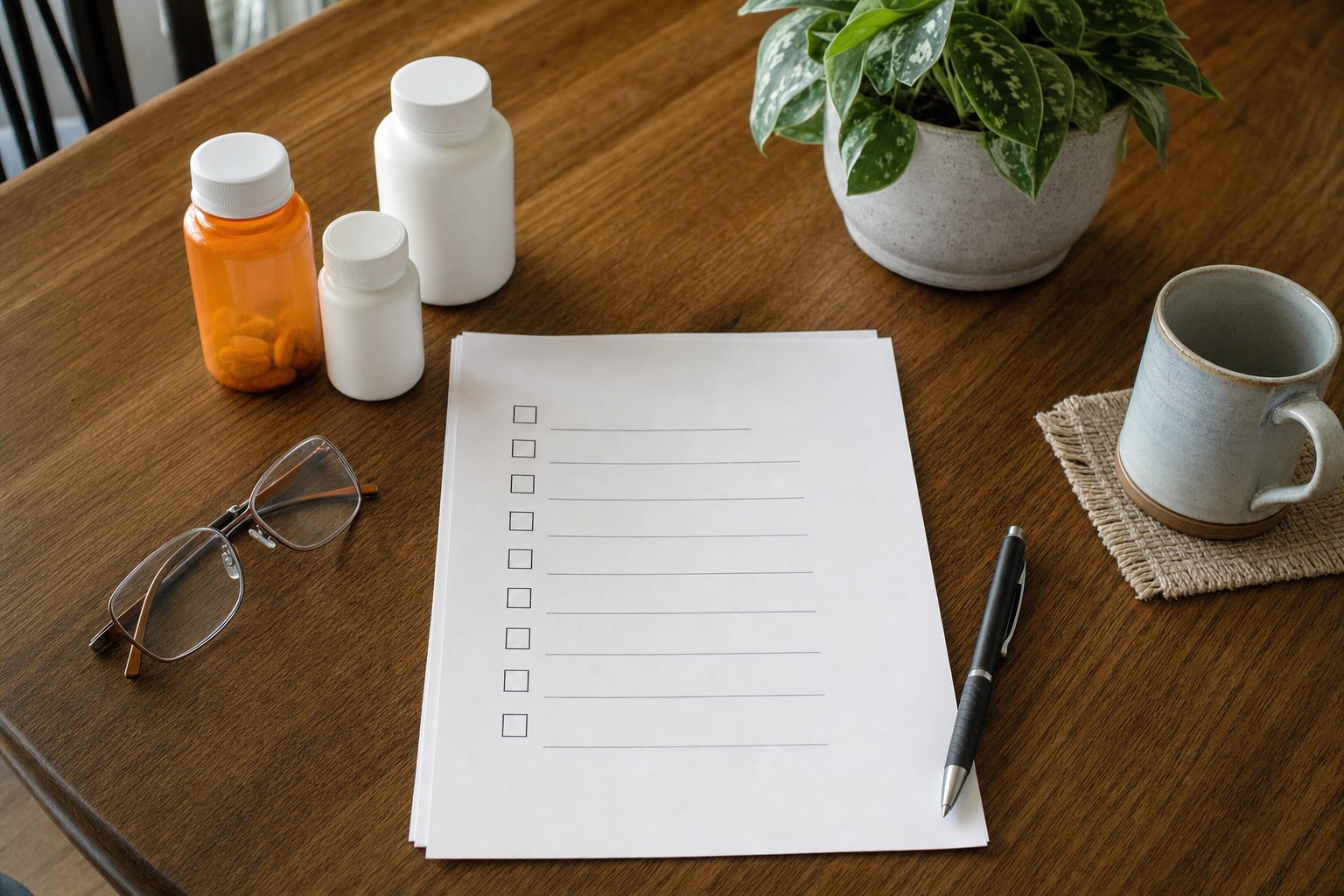 Appointment notes, unlabelled medicine bottles, glasses, and pen on a wooden table