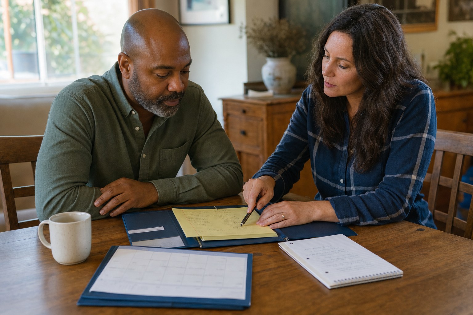 Two adults reviewing written questions and a calendar before an appointment