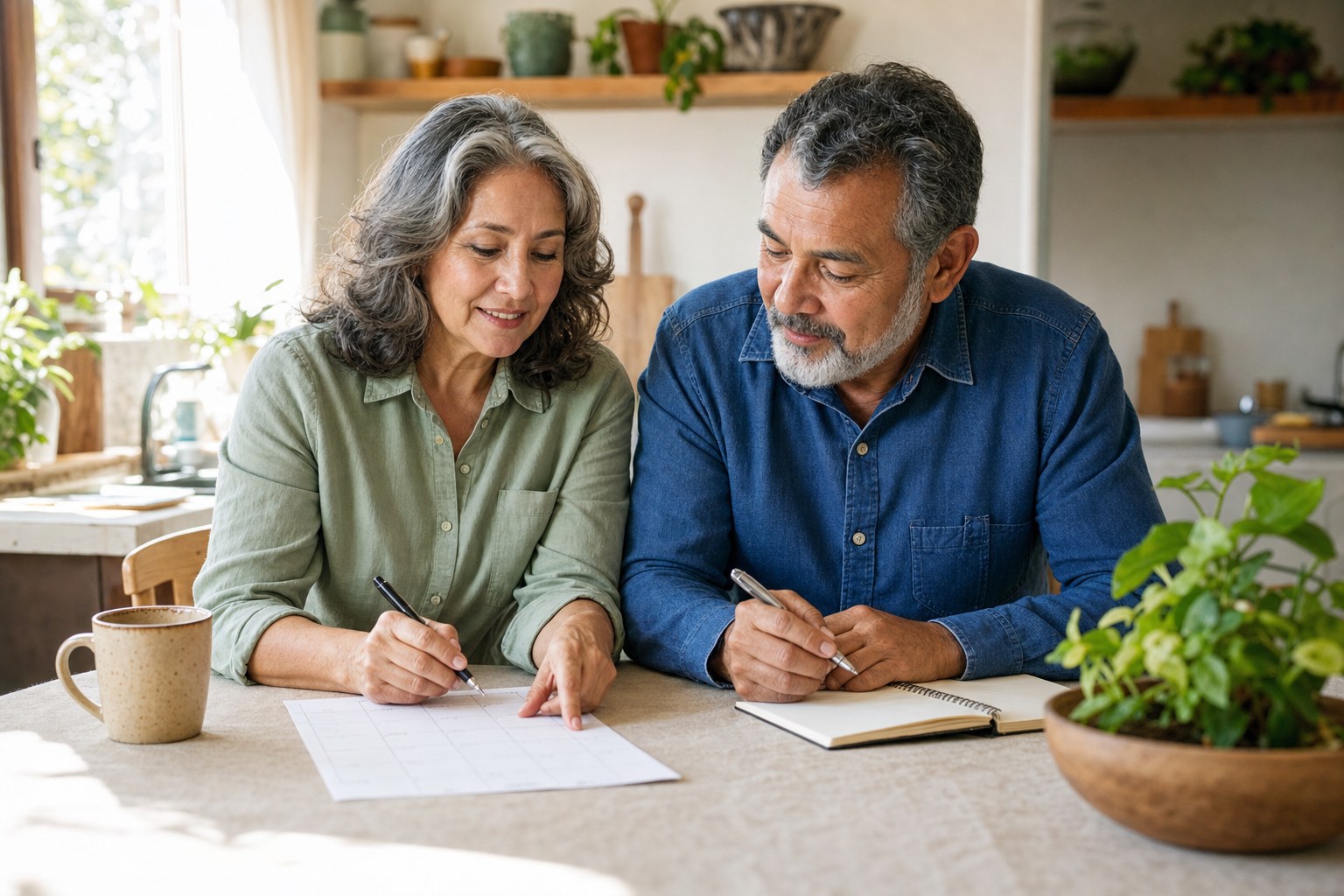 Two adults reviewing a calendar and notes together at a kitchen table