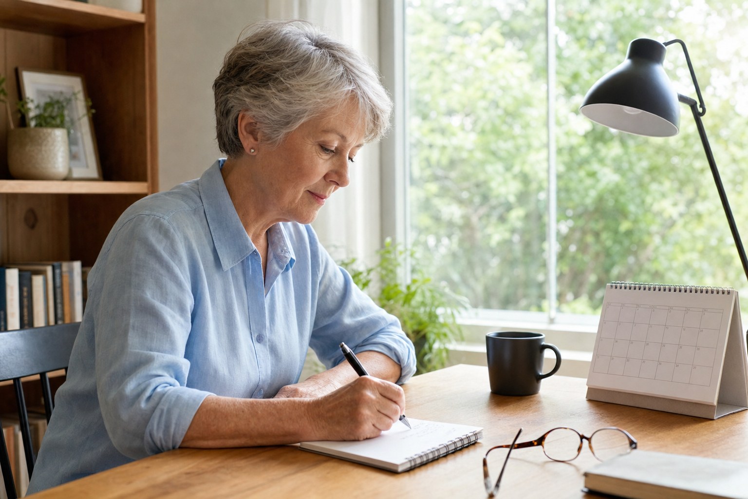 Older adult writing observations in a notebook beside a calendar