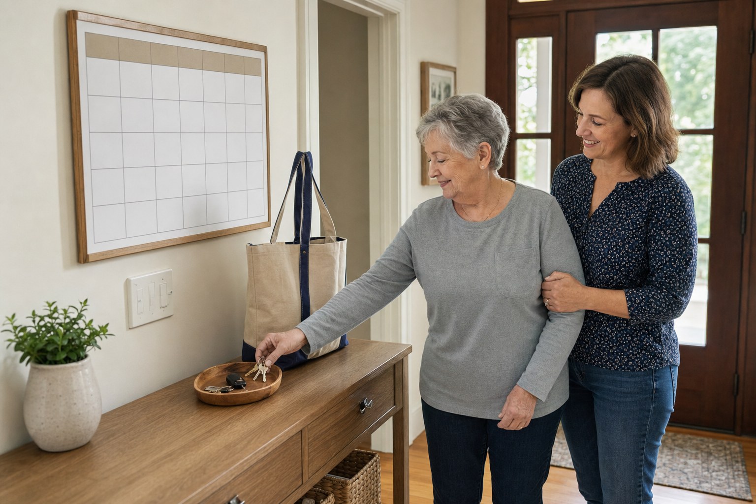 An older adult and care partner placing keys in a tray near a home calendar