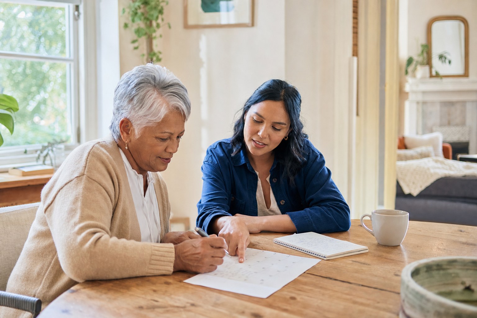 Older adult and care partner reviewing a calendar and notes together at home