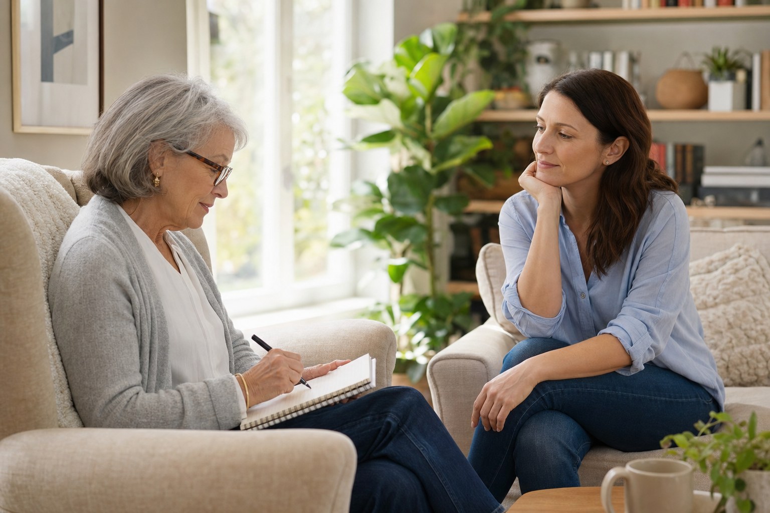 Older adult writing observations in a notebook while a family member listens