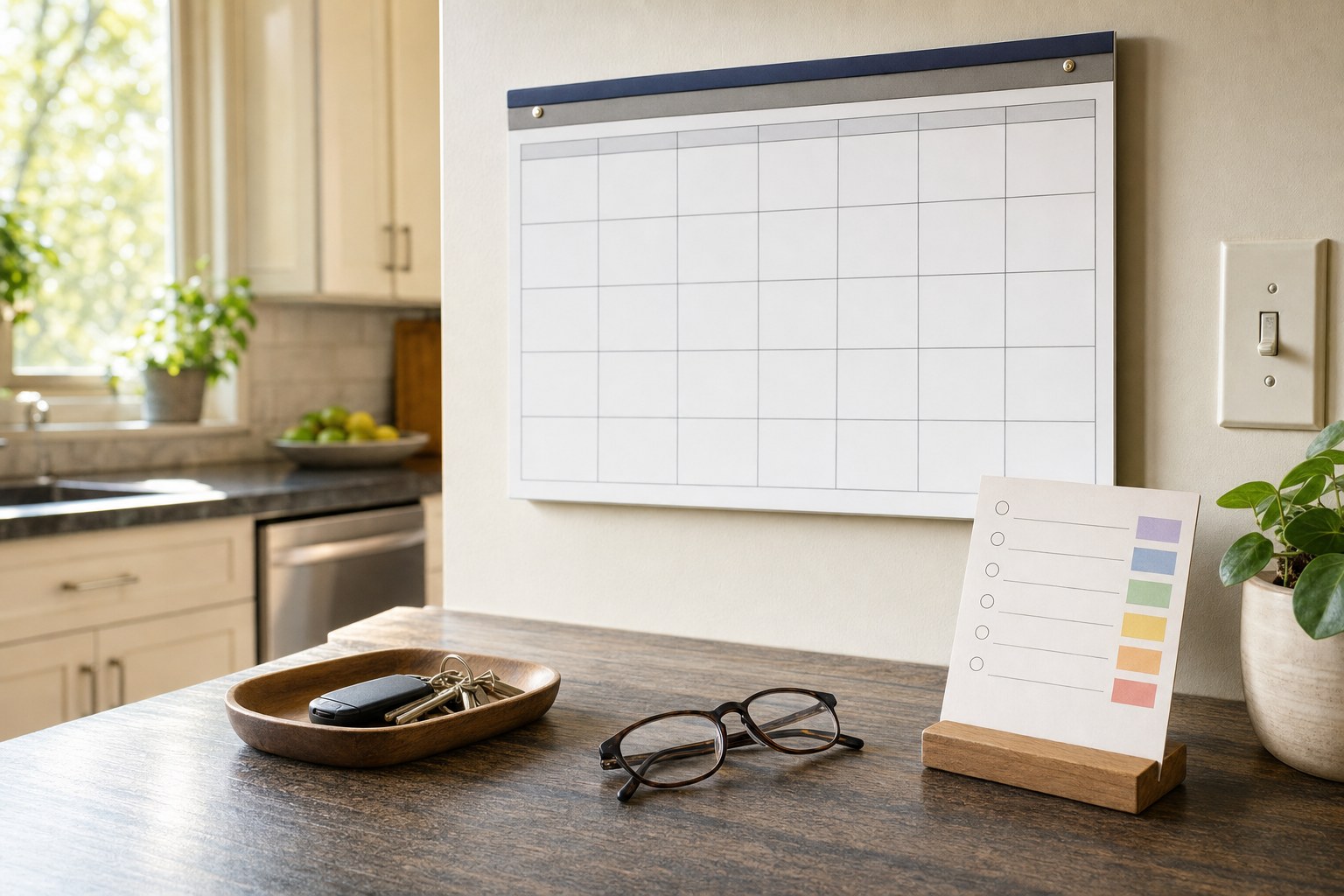 A home calendar, key tray, glasses, and simple task list on a kitchen counter