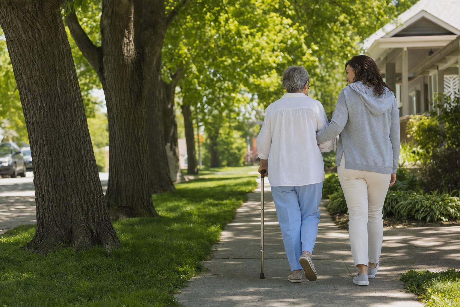 Older adult and companion walking together on a quiet tree-lined neighborhood path