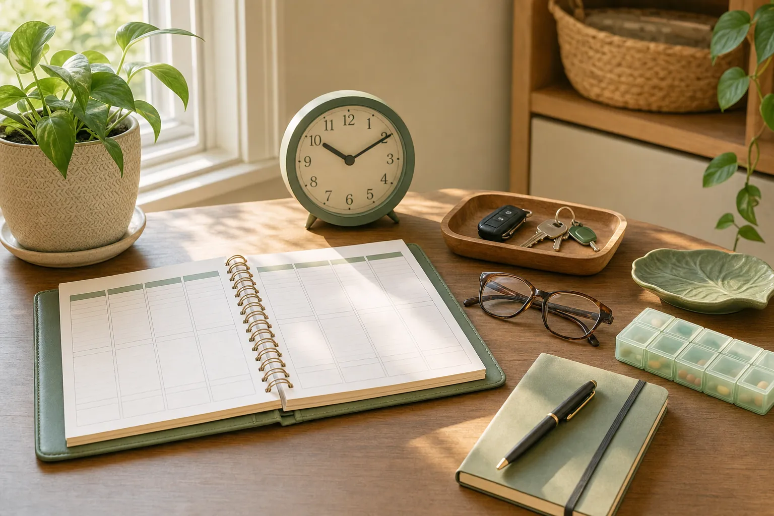 Planner, clock, keys, glasses, and pill organizer on a sunlit desk