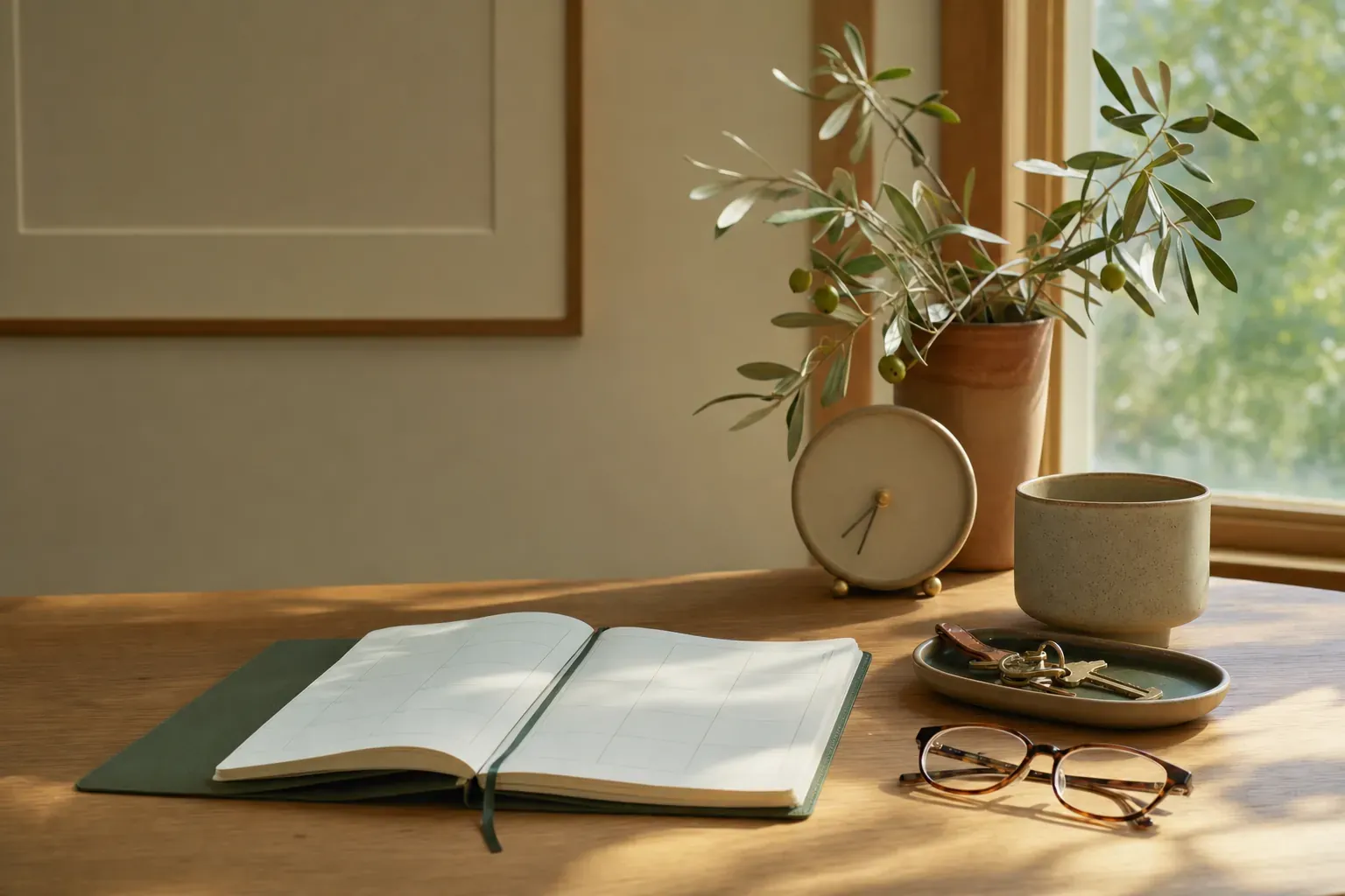 Planner, keys, glasses, cup, and simple clock on a sunlit desk