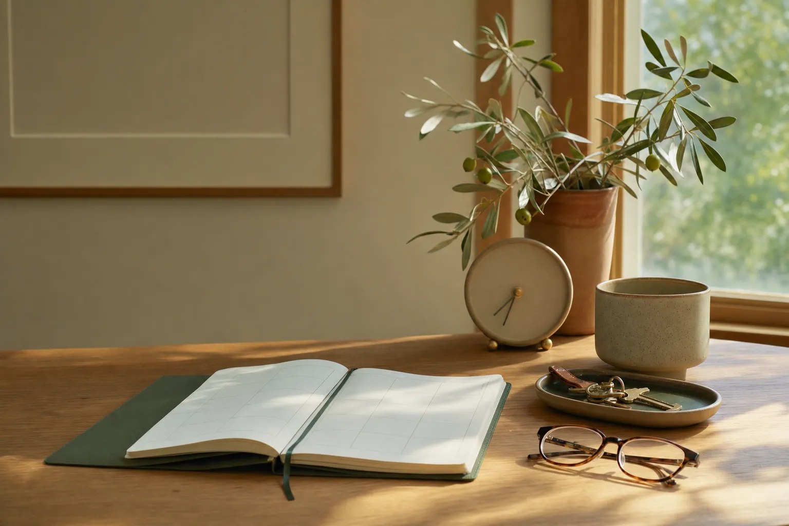 Planner, keys, glasses, cup, and simple clock on a sunlit desk