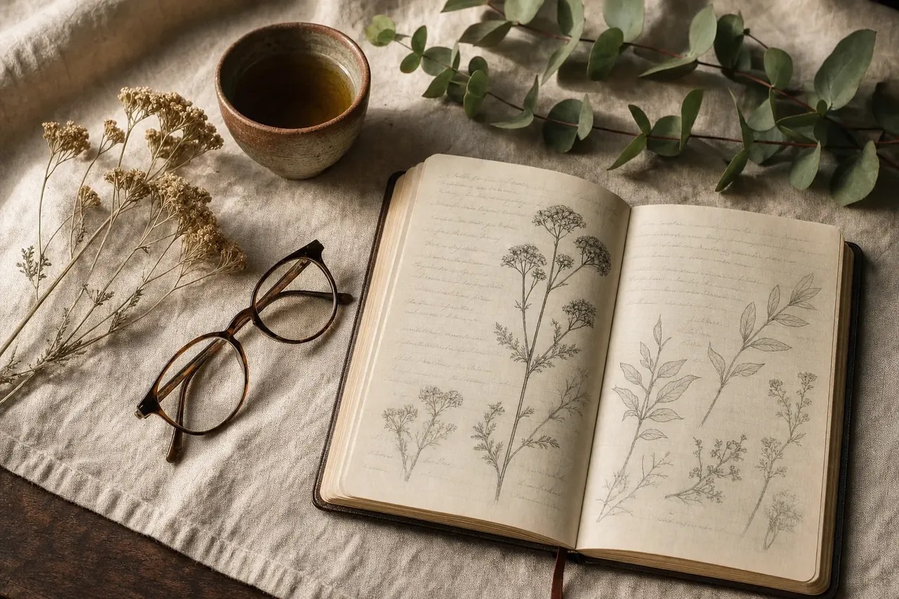 Open botanical journal on a linen-covered table