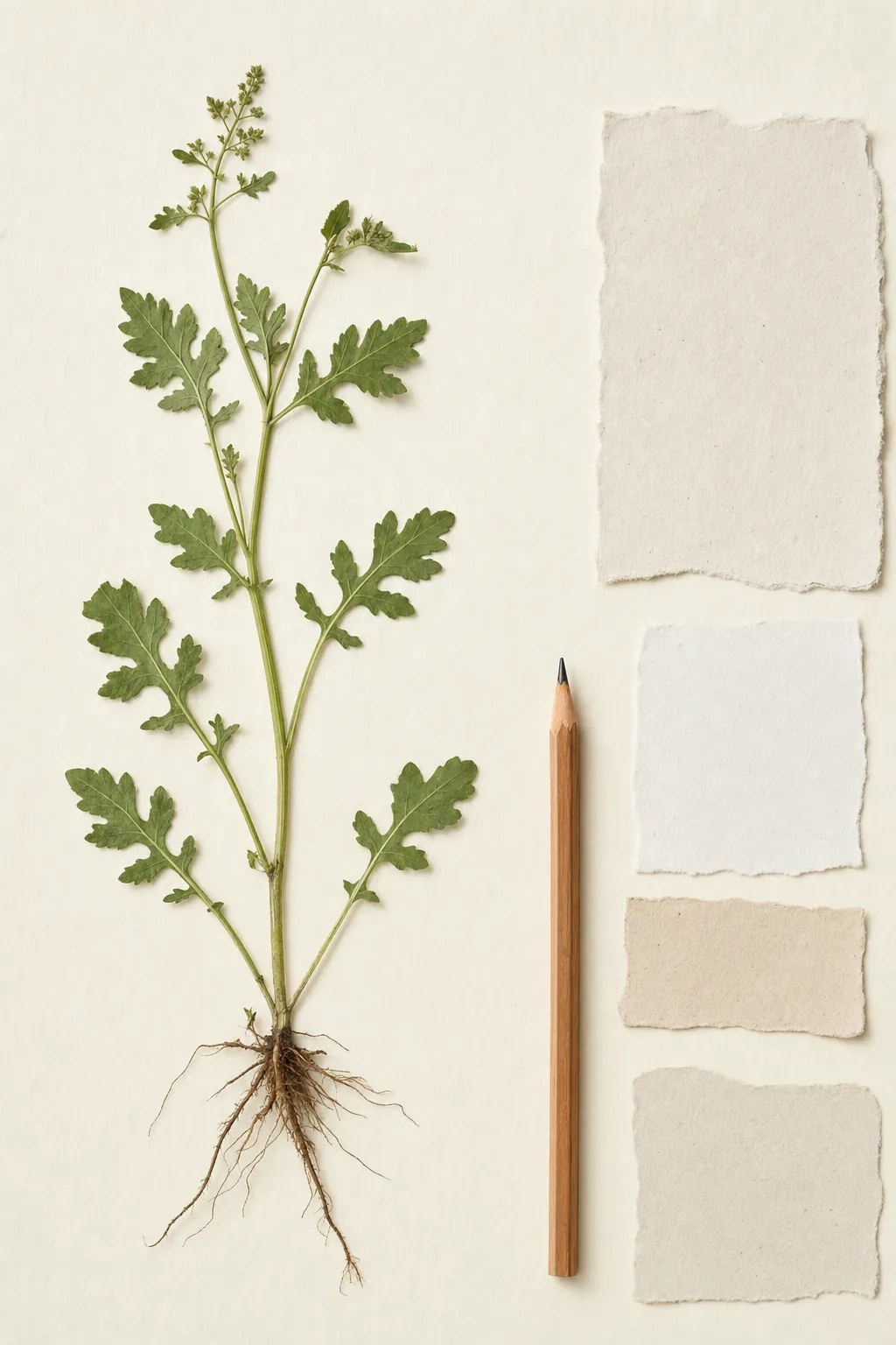 Botanical study journal, pencil, and handmade paper on a table