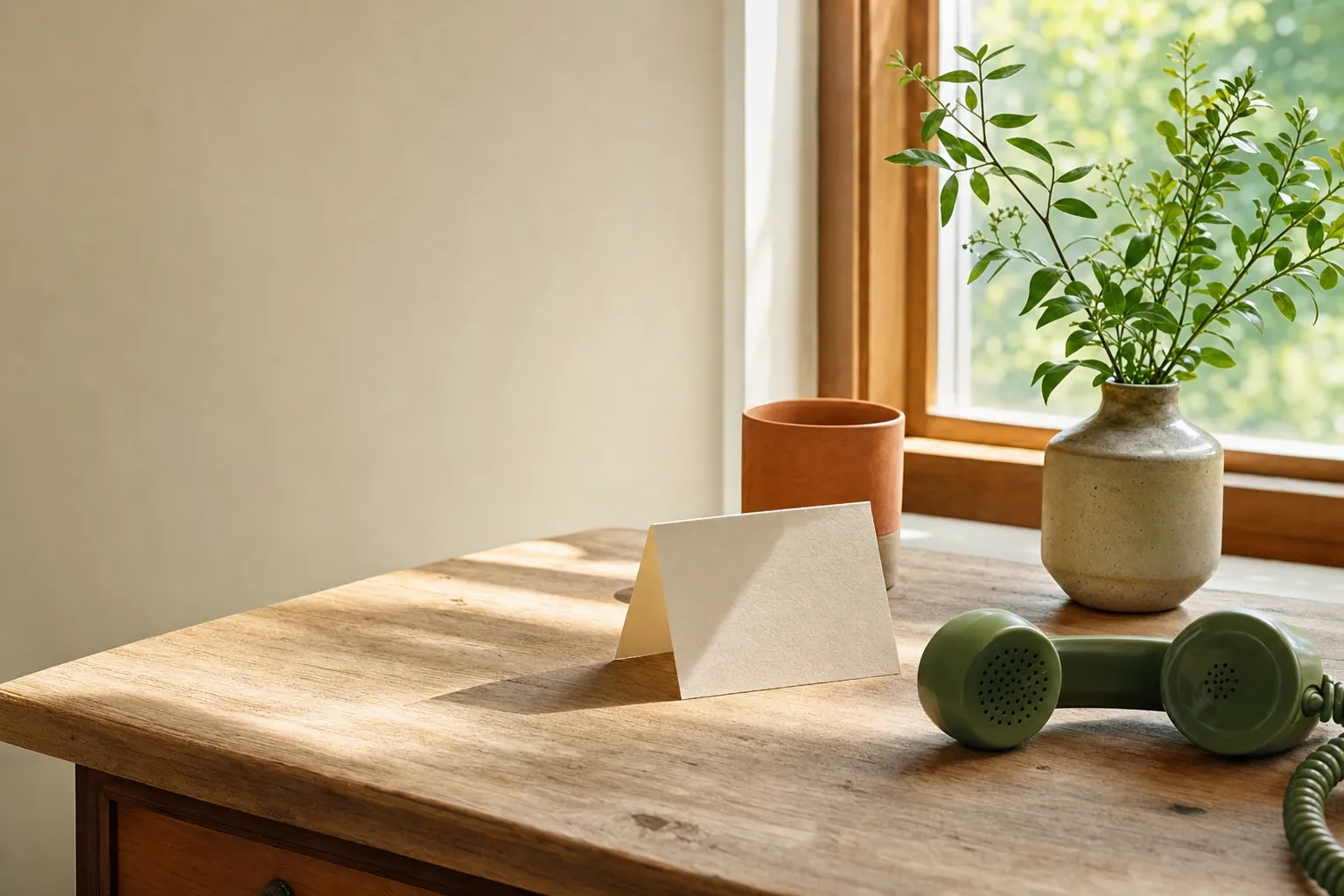 Sunlit desk with a ceramic cup, green stems, and a note card