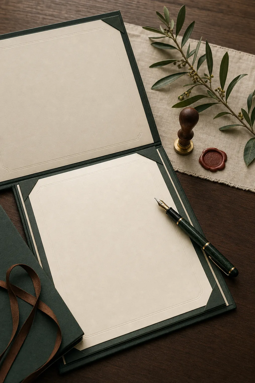 Archival folio, fountain pen, wax seal, and botanical branch