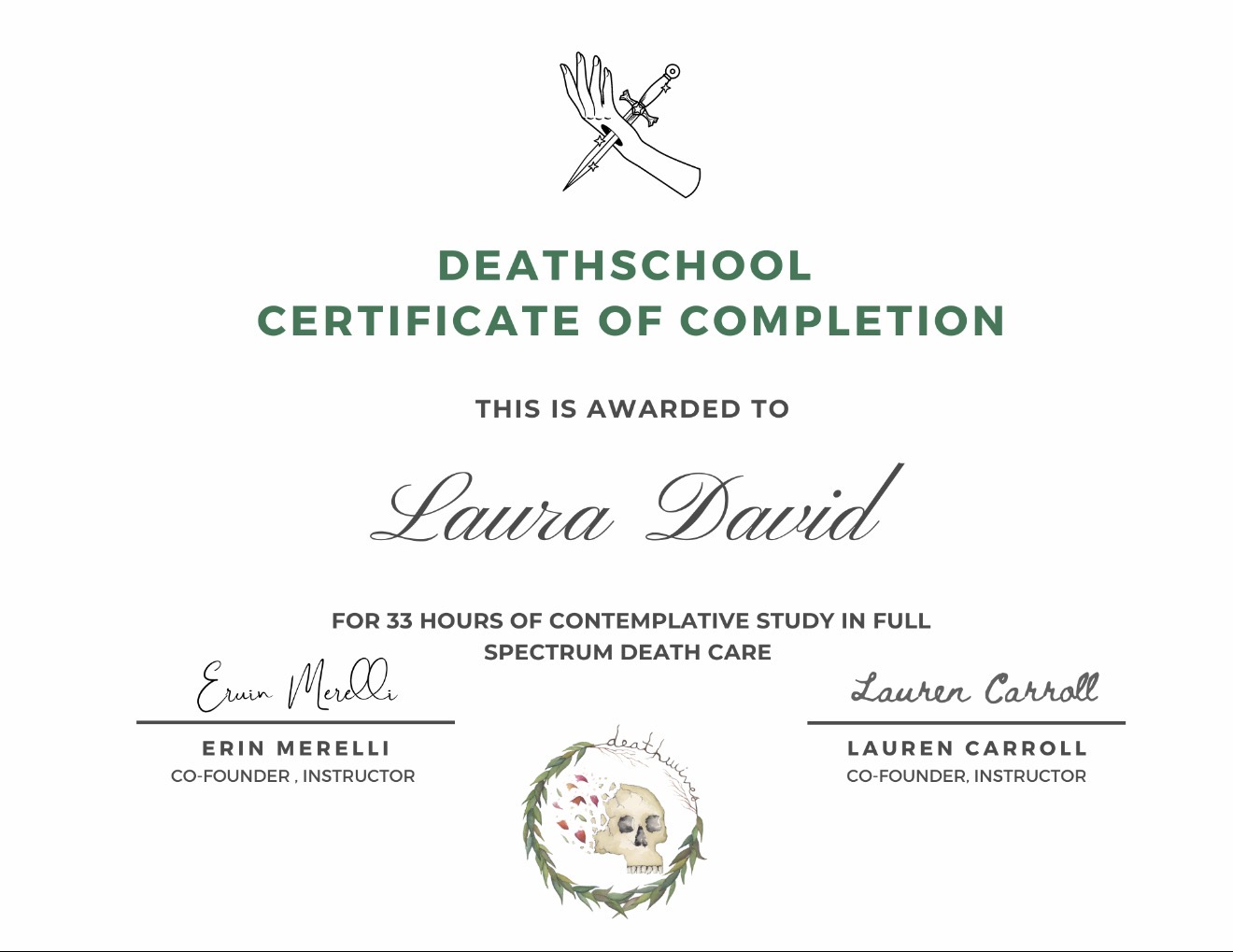 Deathschool Certificate of Completion certificate issued by Deathschool