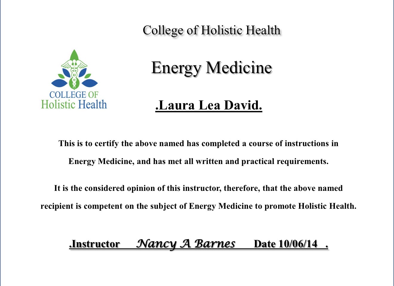 Energy Medicine certificate issued by College of Holistic Health