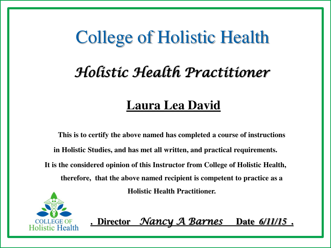 Holistic Health Practitioner certificate issued by College of Holistic Health