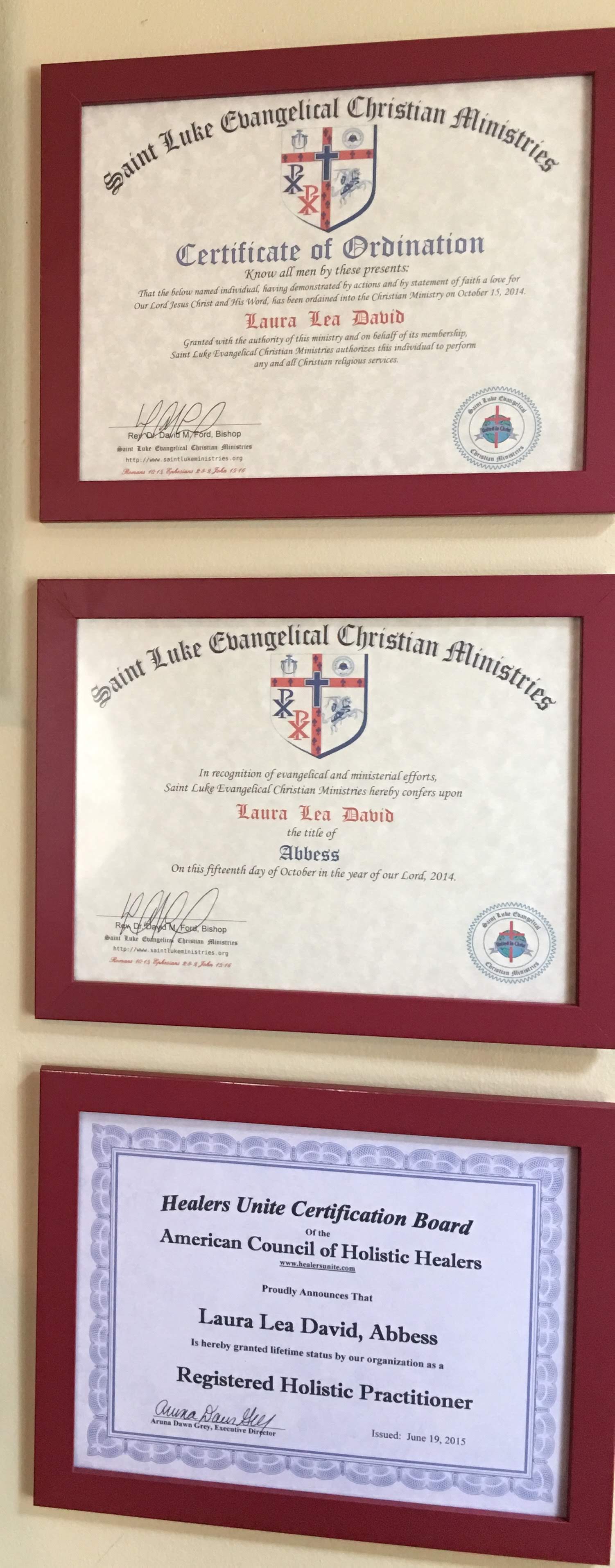 Ministry and Holistic Practitioner Credentials certificate issued by Saint Luke Evangelical Christian Ministries and Healers Unite Certification Board
