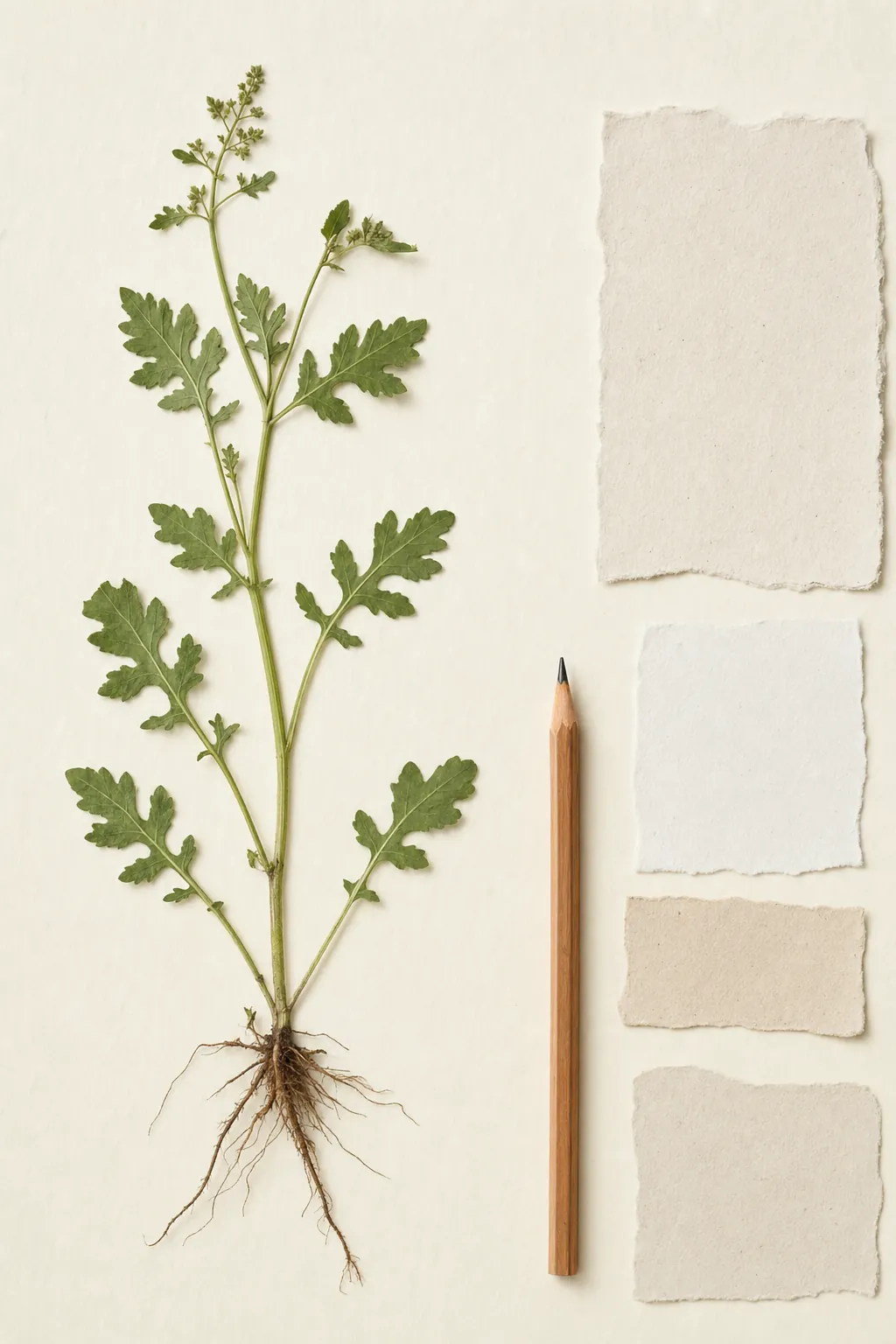 Botanical study specimen, pencil, and handmade paper