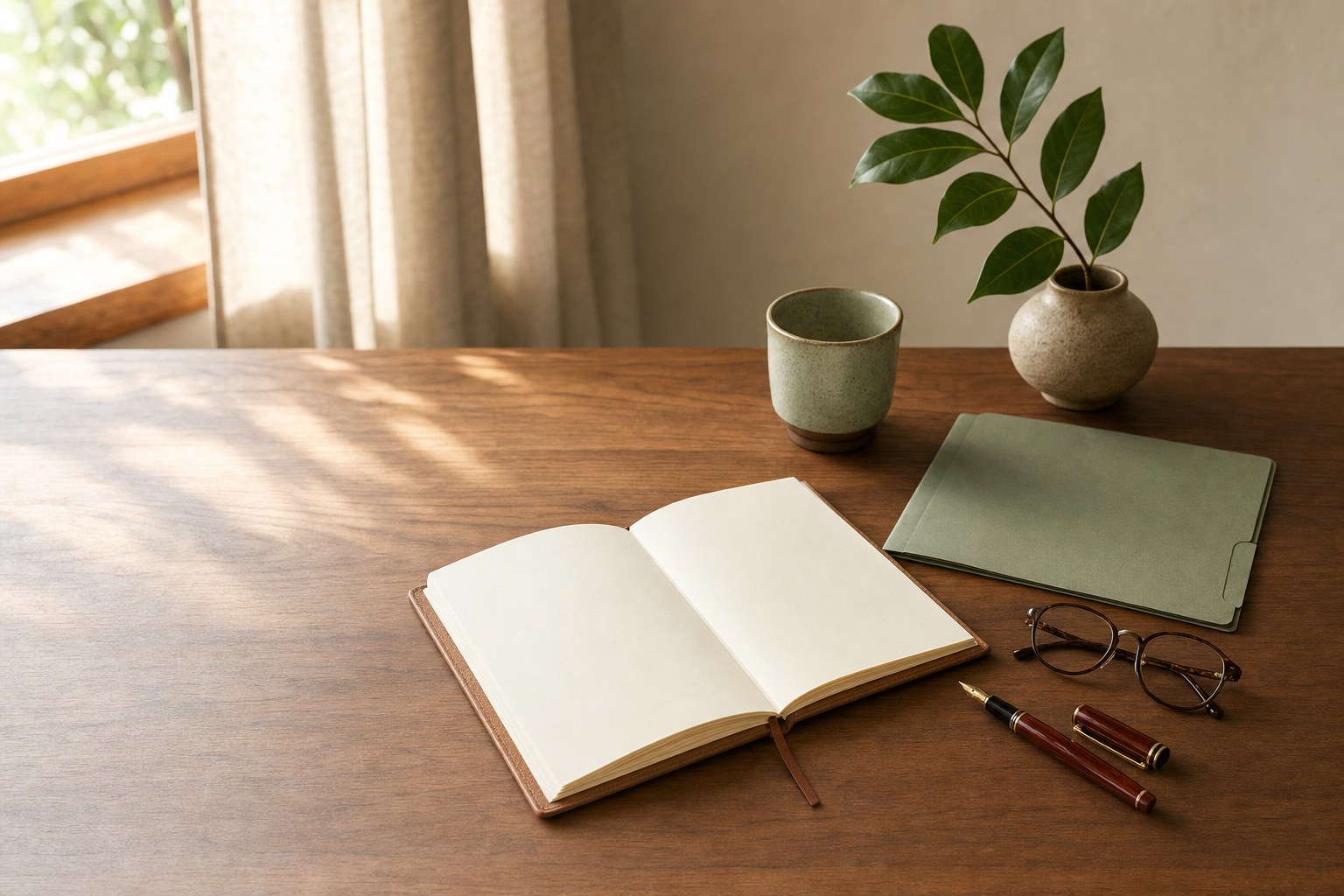 Open blank notebook, folder, glasses, pen, cup, and leafy stem on a sunlit wooden table