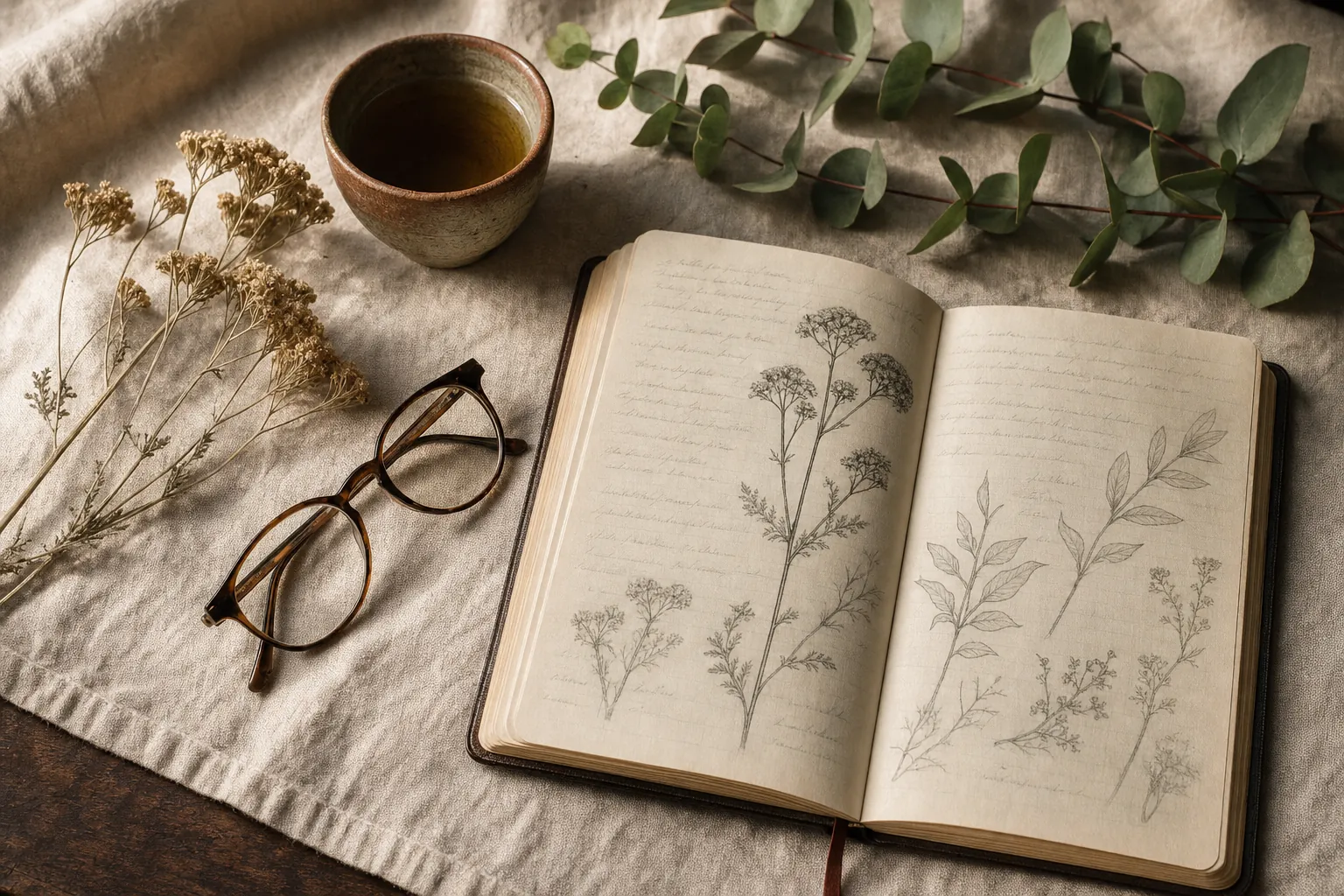 Open botanical study journal on a linen-covered table