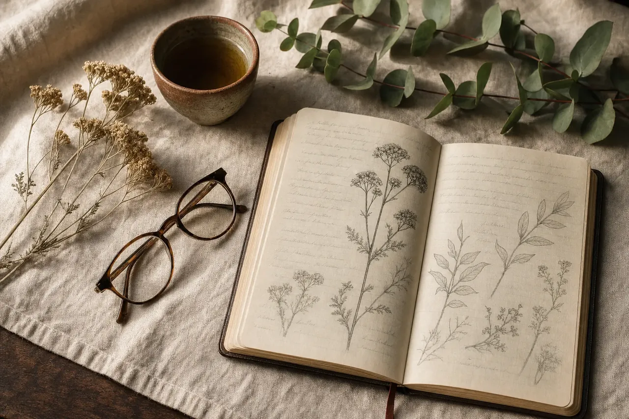 Open botanical study journal on a linen-covered table