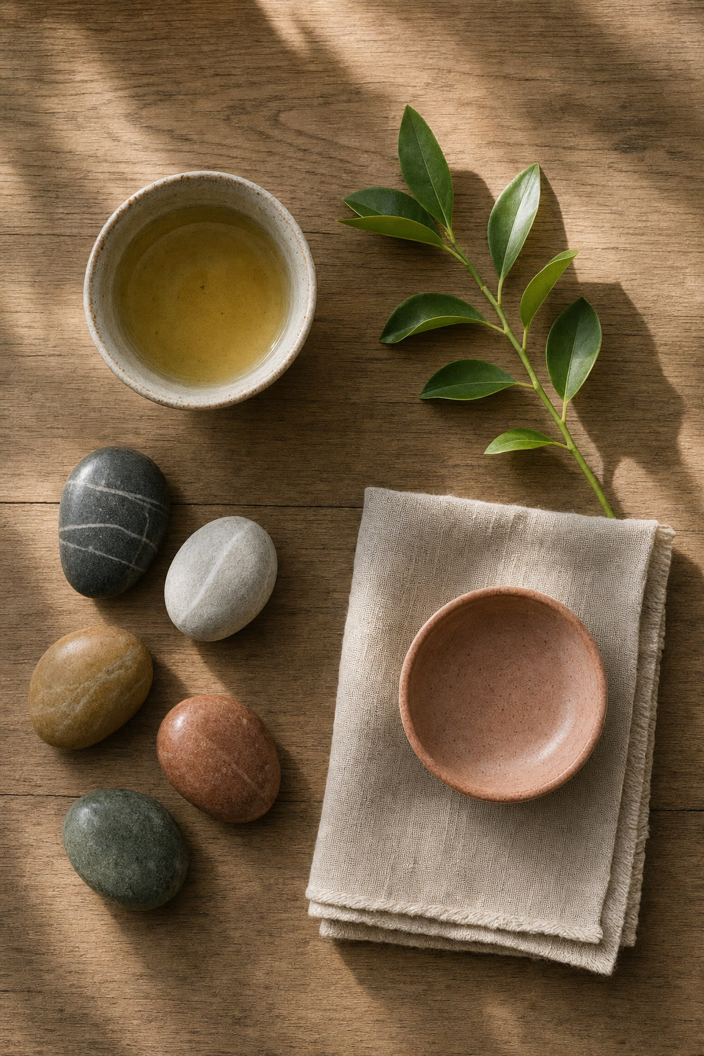 Ceramic tea cup, smooth river stones, folded linen, and a green branch on a sunlit wood table