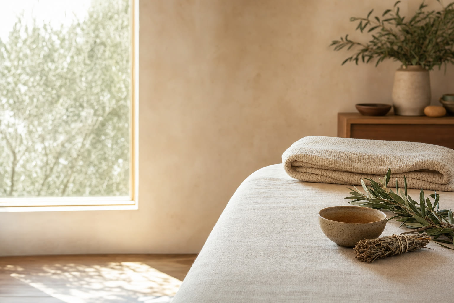 Sunlit treatment room with a linen-covered table, folded blankets, ceramic bowl, and olive branches