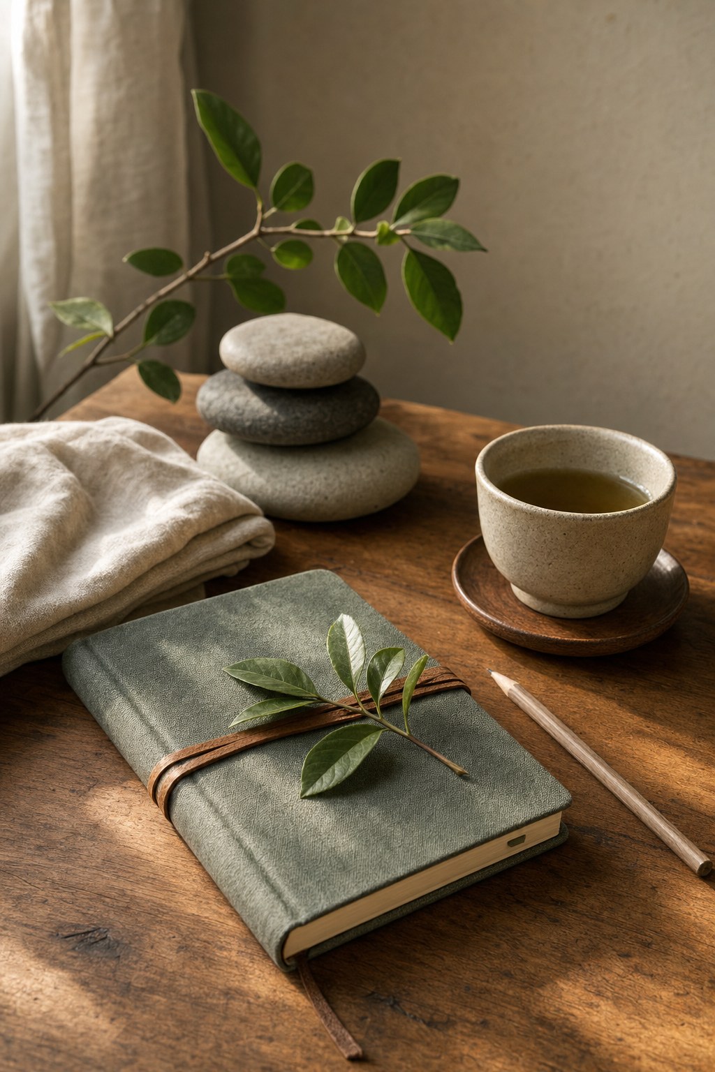Study journal, tea cup, folded linen, river stones, and green branch on a wood table