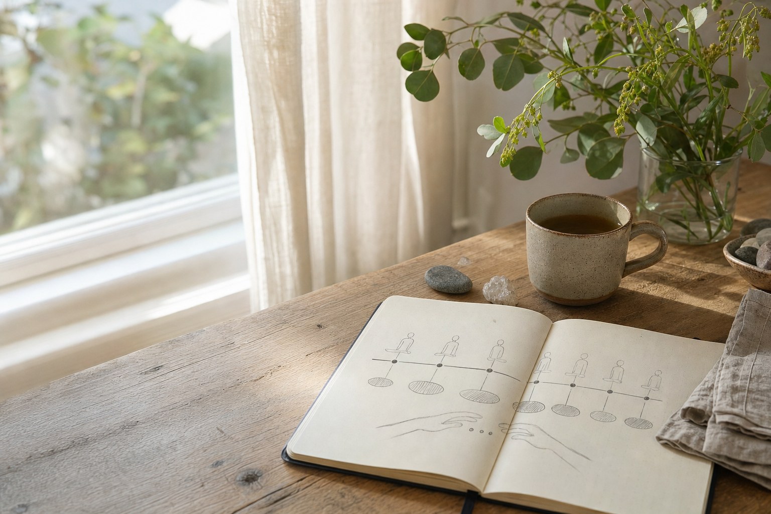 Open journal with a hand-drawn practice progression beside a ceramic cup and greenery