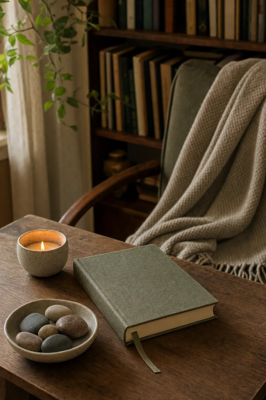 Candle, journal, stones, and a chair in a quiet home library