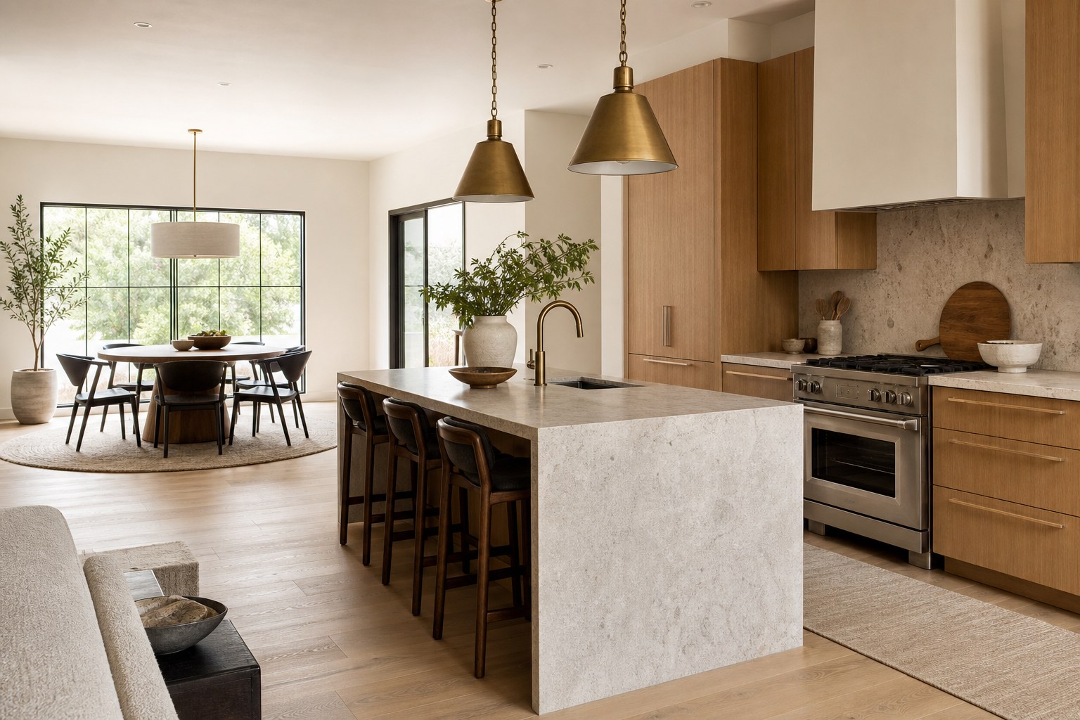 Warm contemporary kitchen with an oak island and brass pendant lights