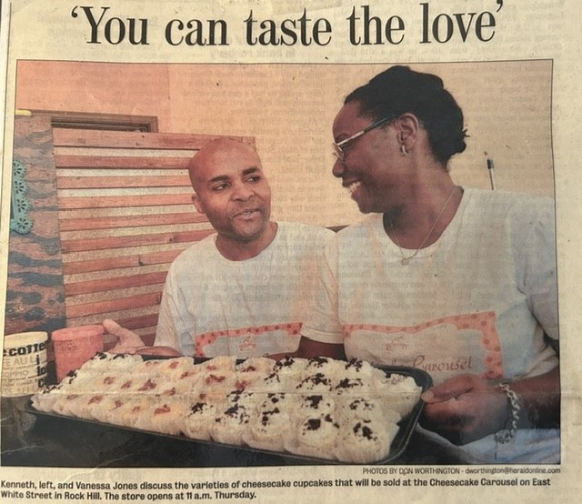 Kenneth and Vanessa Jones featured with Cheesecake Carousel desserts in the Herald