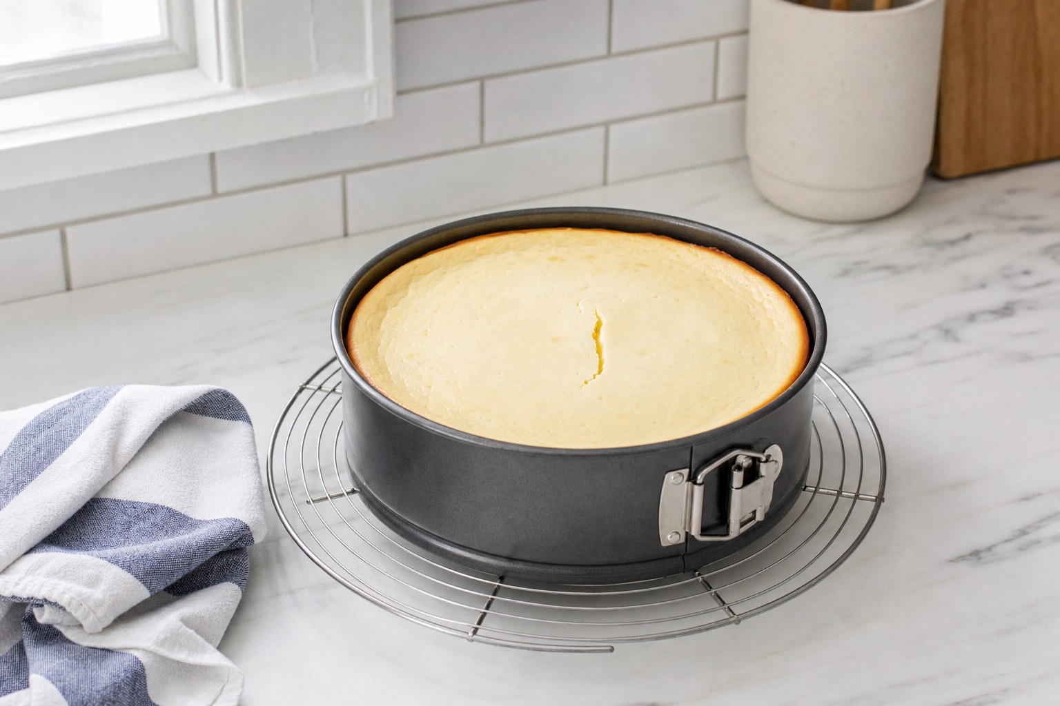 Cheesecake cooling in a springform pan on a wire rack