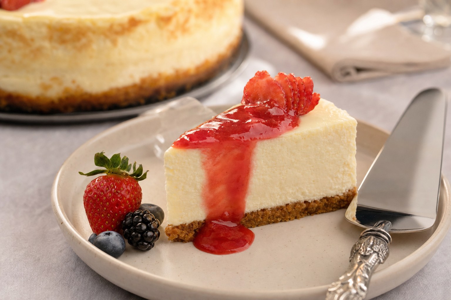 Cheesecake slice served with strawberry sauce and fresh berries