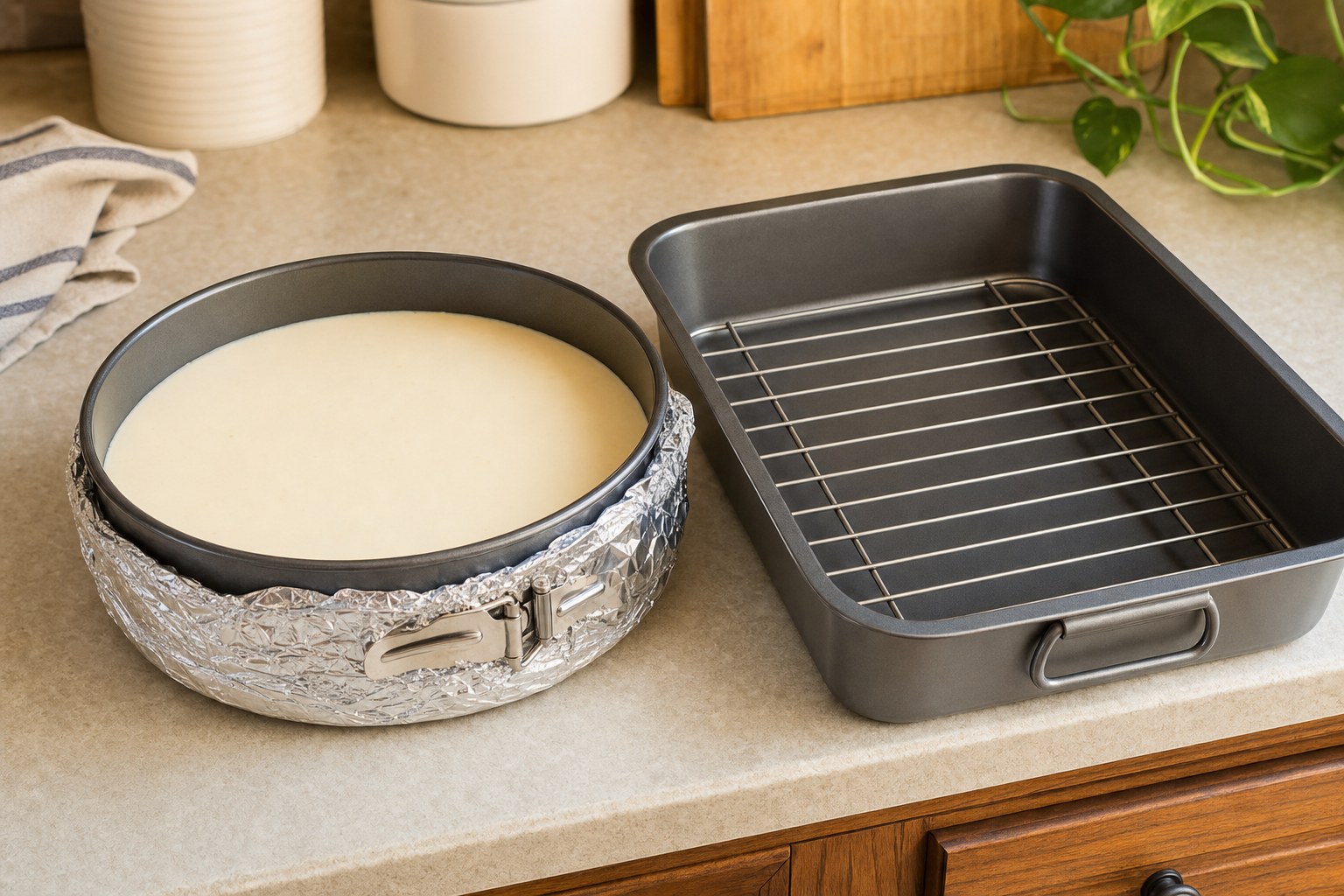 Foil-wrapped cheesecake pan beside a roasting pan prepared for a water bath