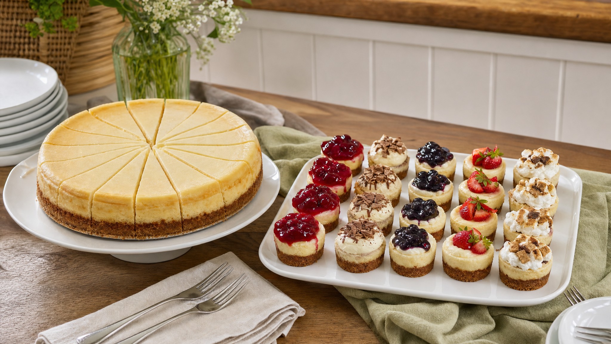 Whole cheesecake slices beside a tray of assorted mini cheesecakes