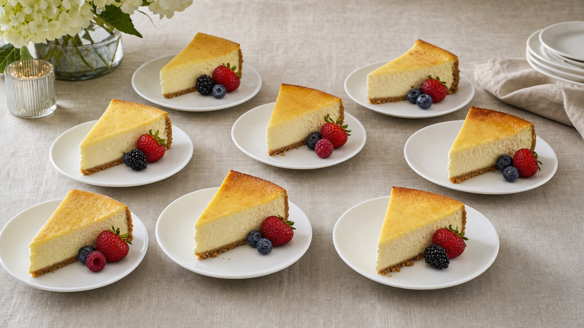 Cheesecake slices plated with fresh berries for dessert