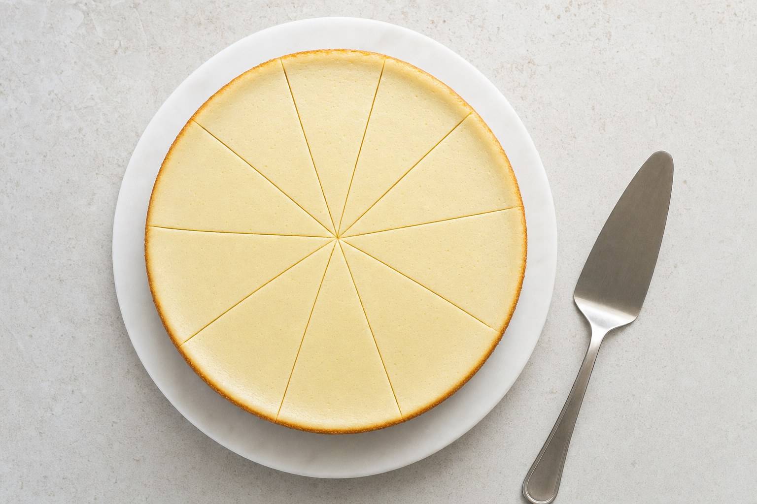 Overhead cheesecake divided into even wedges