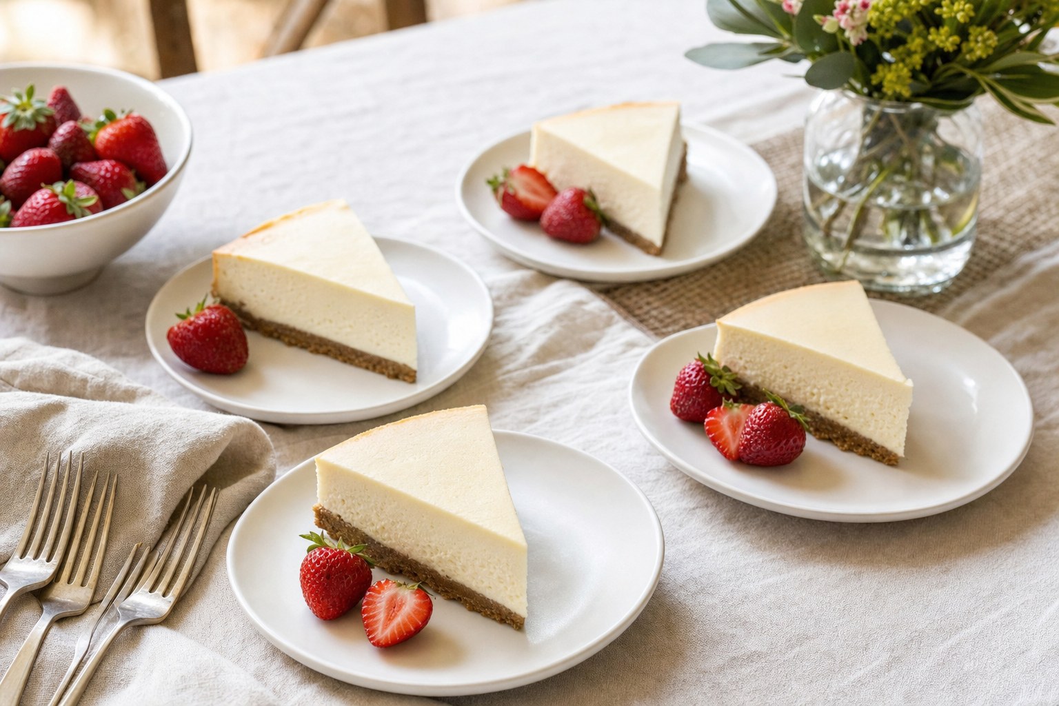 Even cheesecake slices plated for a celebration